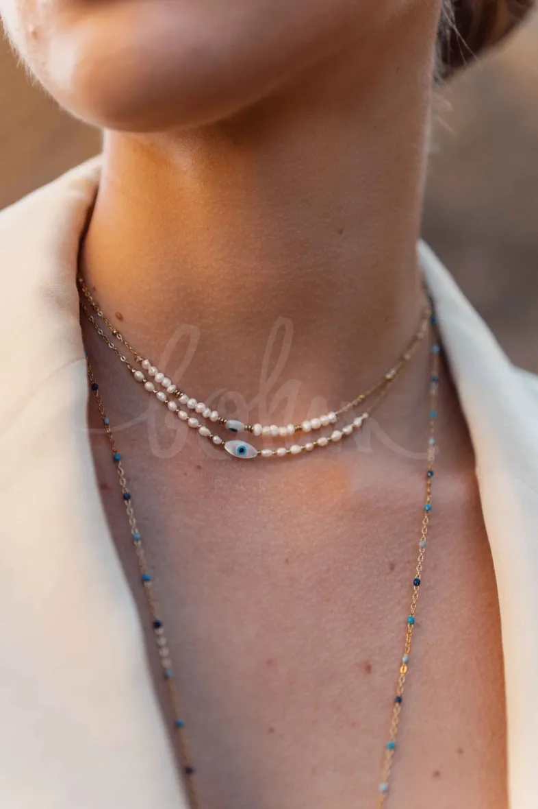 Halskette – Halsband, Süßwasserperlen, Mandelauge-Anhänger