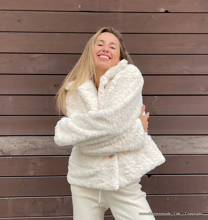 Kurze Plüsch Winter Jacke für Damen in Weiß