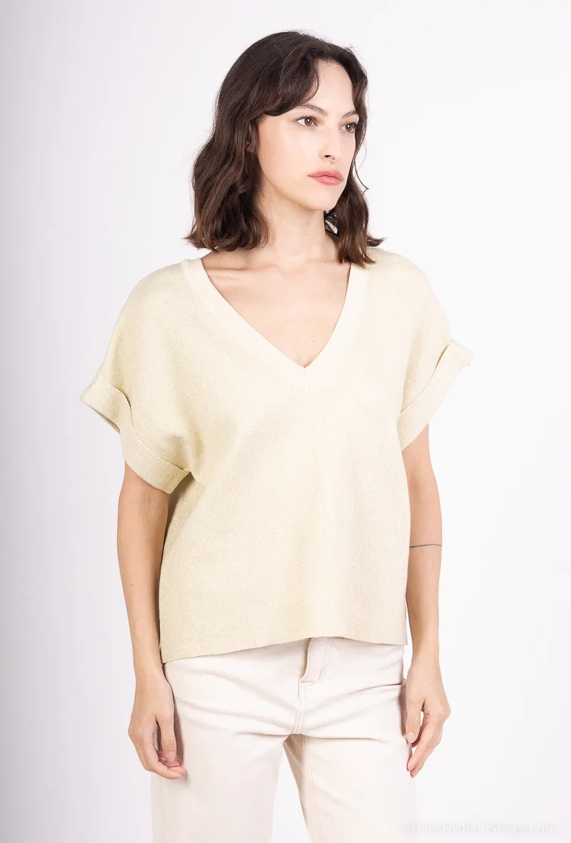 KURZÄRMELIGER LUREX-PULLOVER MIT V-AUSSCHNITT