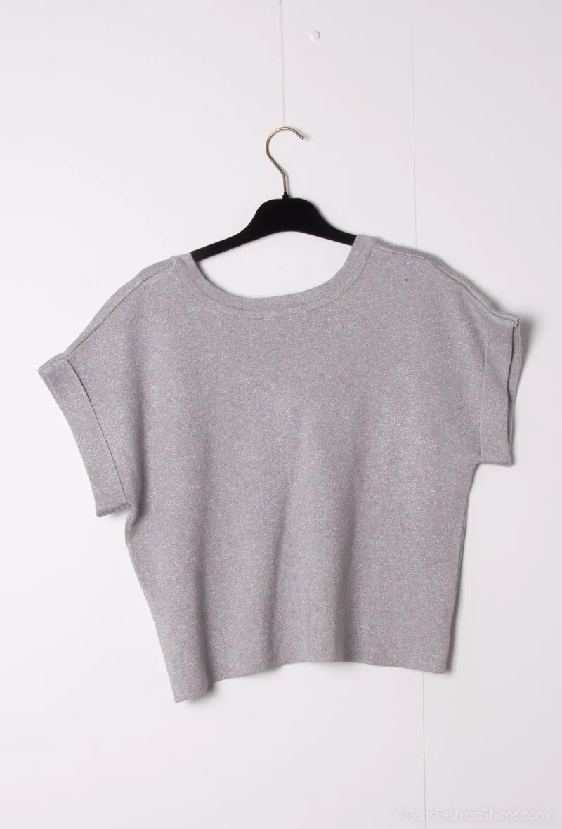 KURZÄRMELIGER LUREX-PULLOVER MIT V-AUSSCHNITT