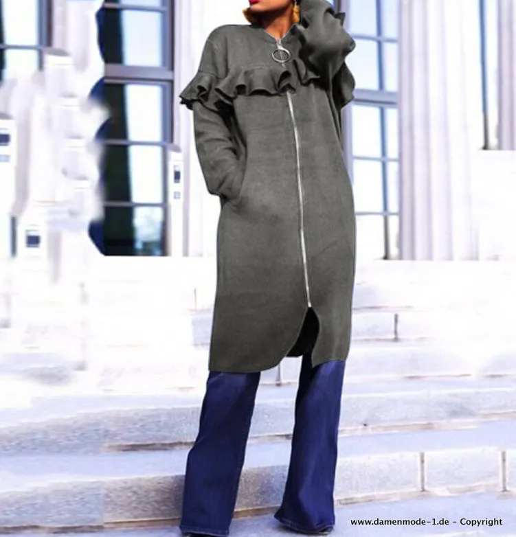 Lange Zipper Jacke Cardigan mit Rüschen in Grau