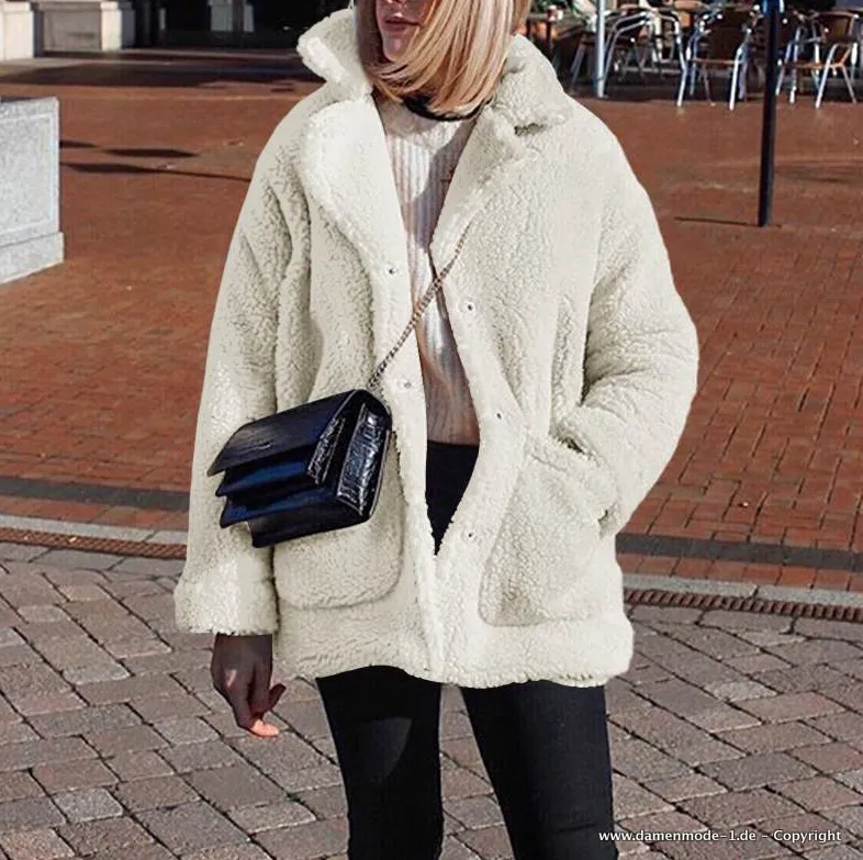 Warme Teddy Winter Jacke für Damen in Weiß