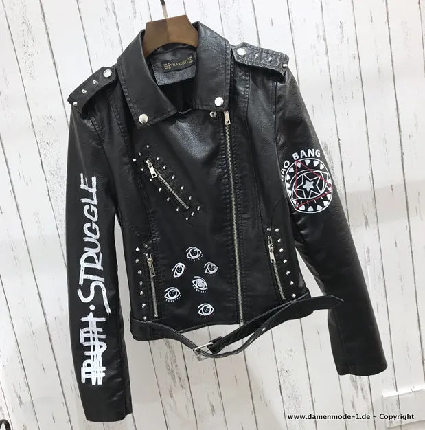 Weiche Lederjacke In Schwarz mit 3D Print