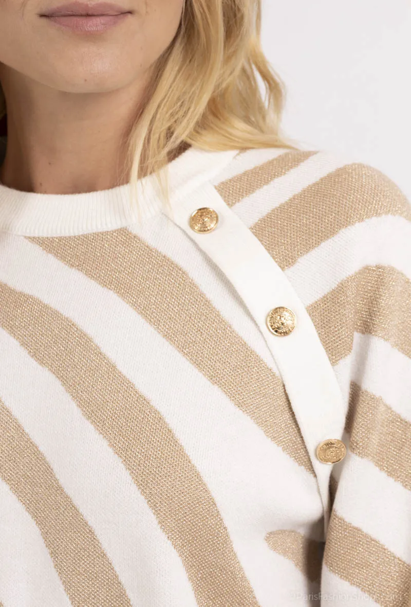 Zebra-Lurex-Pullover mit goldenen Knöpfen verziert