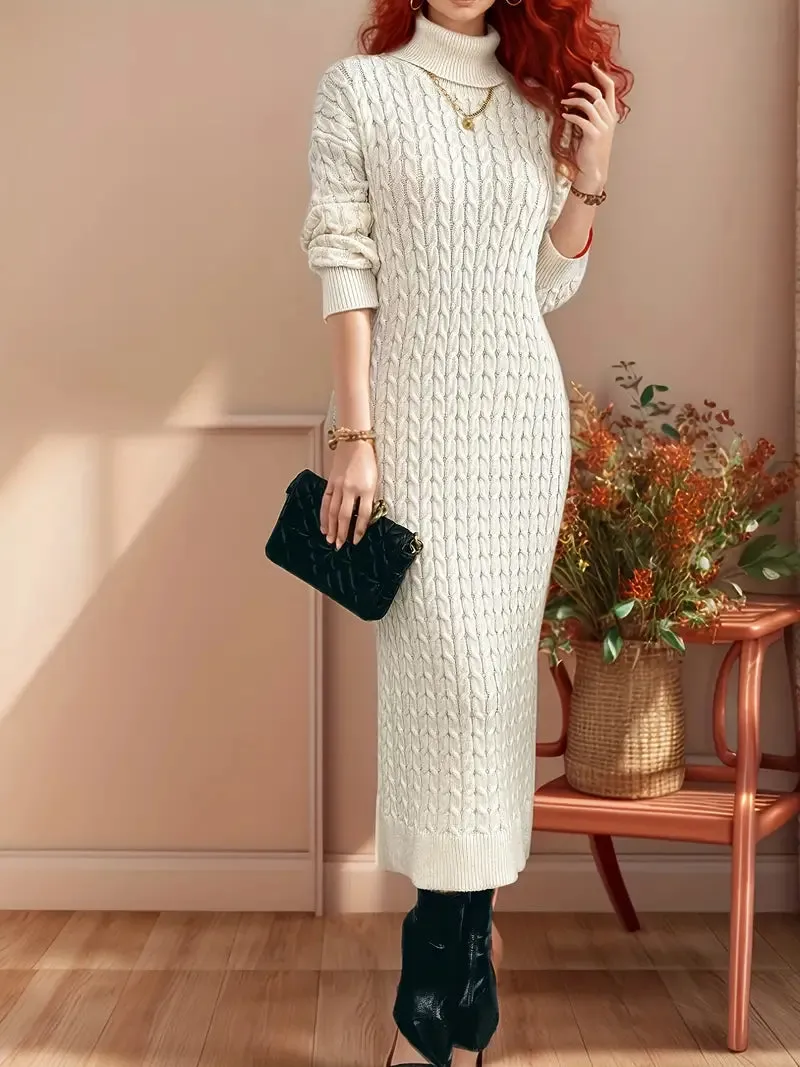 Zeitloses Pulloverkleid mit hohem Kragen aus gedrehtem Strick